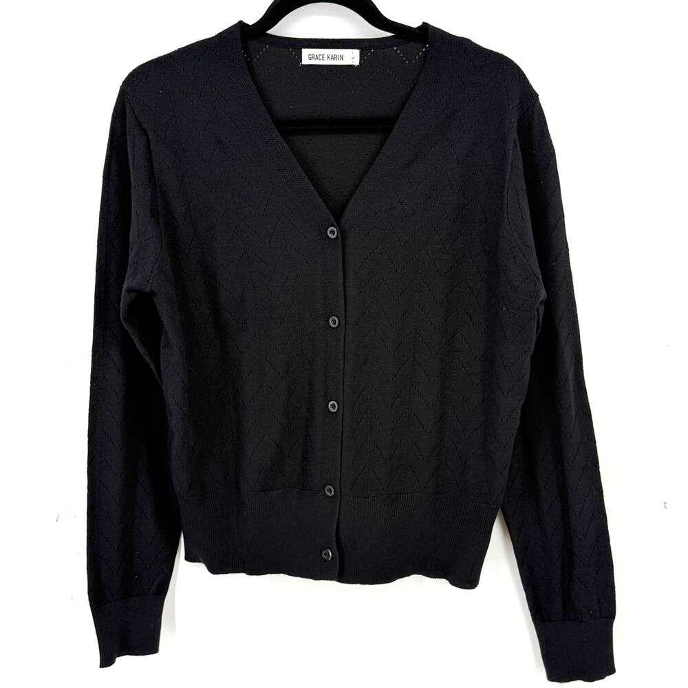 Grace Karin Black Pointelle Cardigan Sweater Size Large Chevron Zig Zag